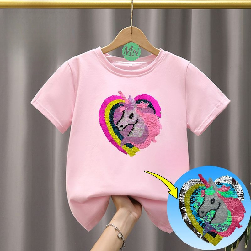 2025 Kỳ Lân Trái Tim Lật Sequin Áo Thun Cho Trẻ Em Bé Trai Bé Gái Hoạt Hình Mùa Hè Giả Tưởng Tee Top