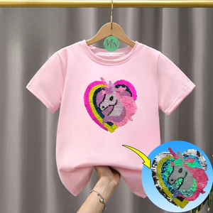 2025 Kỳ Lân Trái Tim Lật Sequin Áo Thun Cho Trẻ Em Bé Trai Bé Gái Hoạt Hình Mùa Hè Giả Tưởng Tee Top