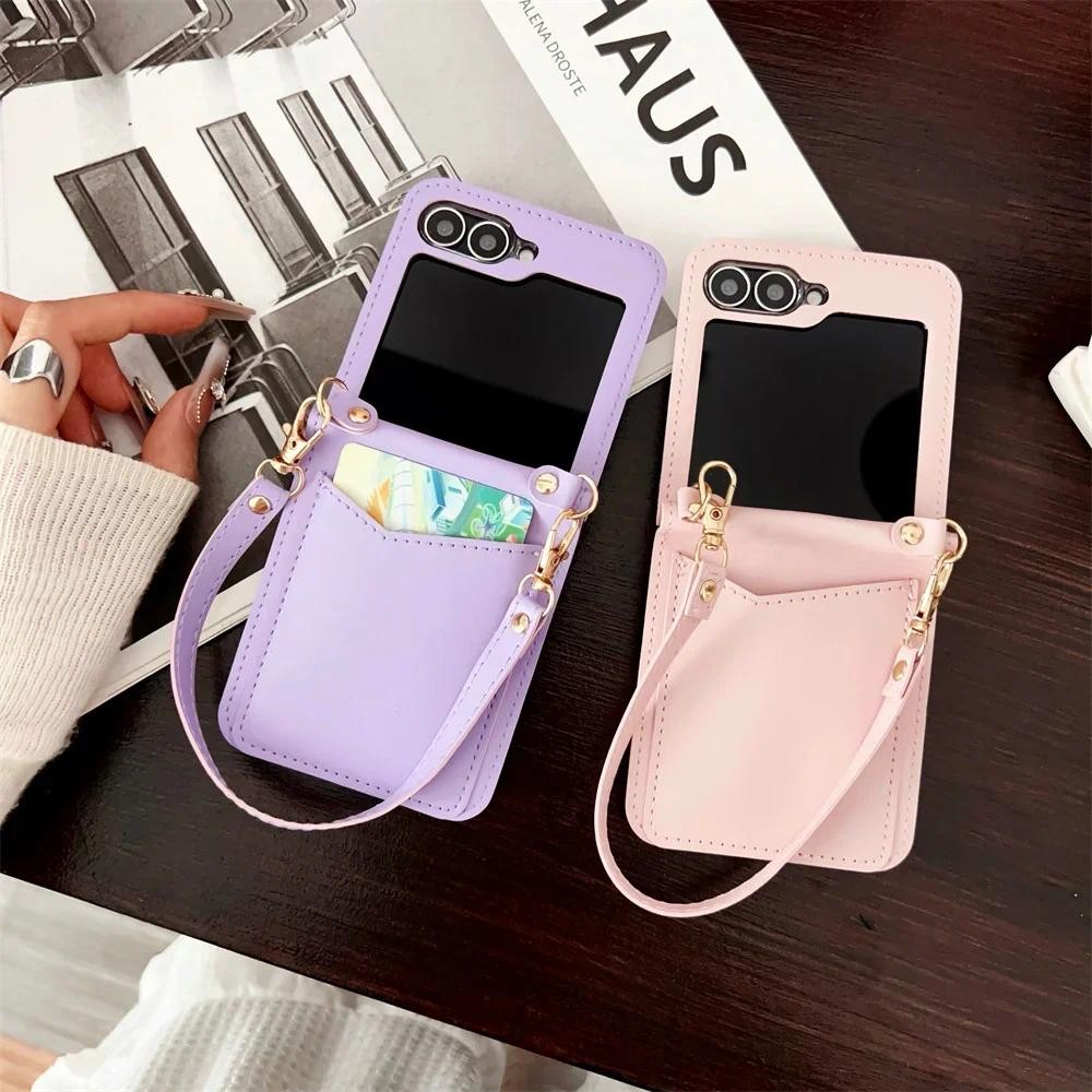 Dây Đeo Cổ Tay Da Ốp Lưng Điện Thoại Samsung Galaxy Z Flip 6 5 4 3 Flip6 Flip5 Flip4 Ví Khe Cắm Thẻ Bảo Vệ