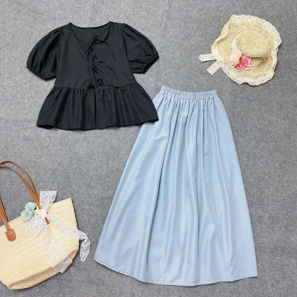 Set Đồ Bigsize Nữ 2 Món Dễ Thương – Áo Sơ Mi Babydoll Tay Bồng Mix Chân Váy Dài  Che Bụng A191-CV15