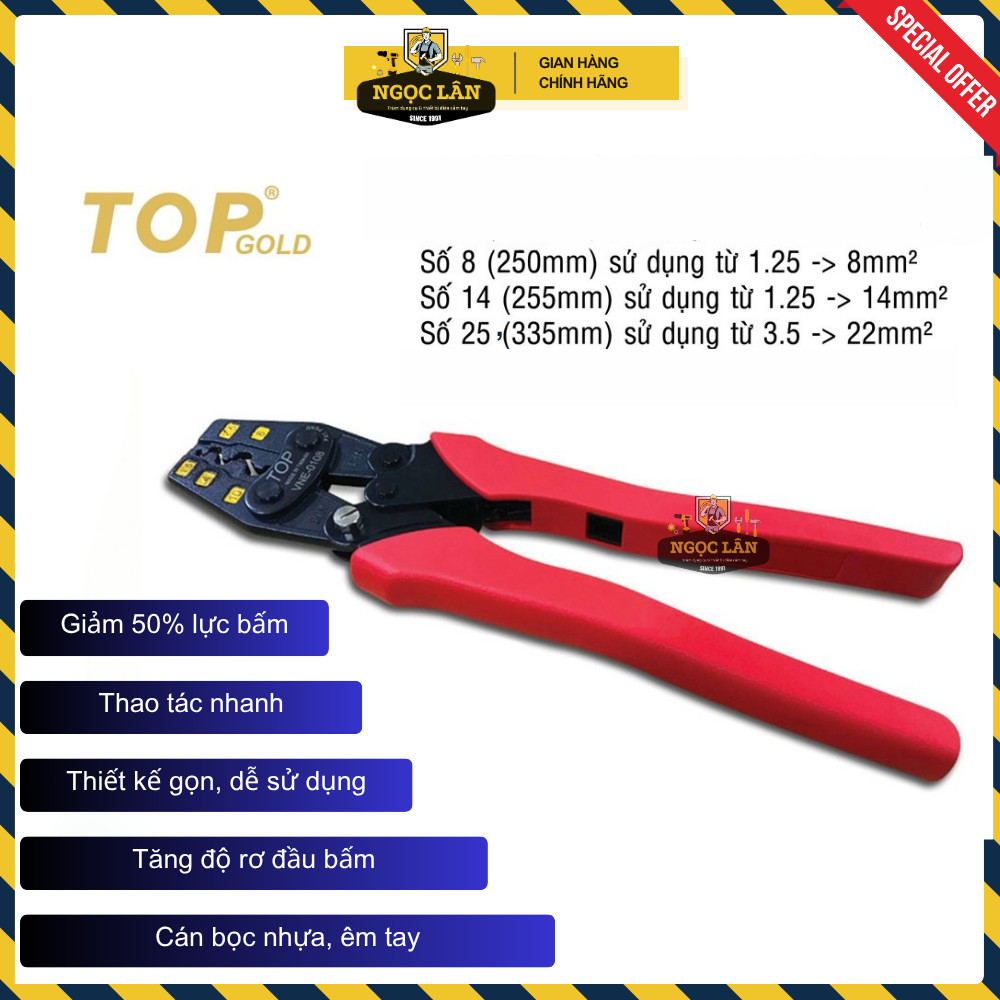 [Chính hãng TOP] Kìm bấm cos, bấm cote TOP Gold trợ lực số 8, 14, 25 có nút tăng độ cứng