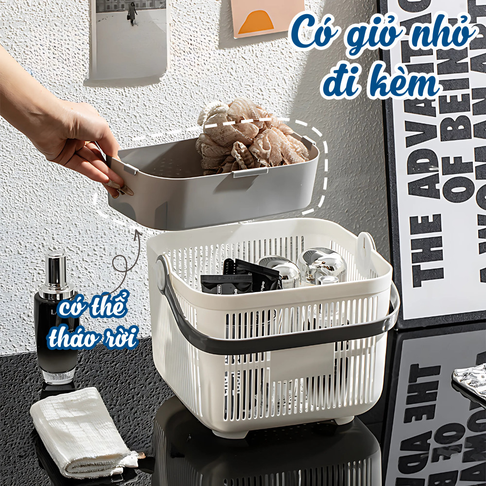 Giỏ Đựng Đồ Nhà Tắm Kèm Quai Xách Đựng Mỹ Phẩm Đa Năng, Giỏ Đựng Đồ Vệ Sinh Cá Nhân Nhựa PP Cứng Cáp