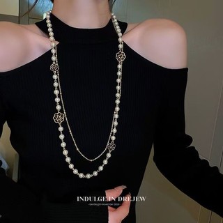 Dây chuyền ngọc trai hoa hồng rỗng sang trọng nhẹ, dài, cao cấp, thiết kế thời trang, phong cách Chanel, phụ kiện thanh lịch 6.17 GLRQ
