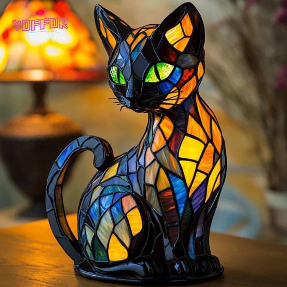 YOFFOR Phong cách máy tính để bàn, Kính màu Retro Time Cat Light, Hot Pet LED Cat Dyeing Resin Dễ thương Dạ quang Phòng ngủ gia đình