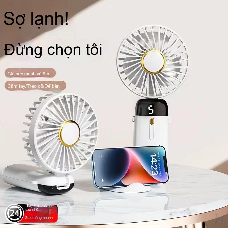Quạt cầm tay nhỏ có giá đỡ điện thoại, mẫu di động có thể sạc lại cho bàn làm việc hoặc treo cổ