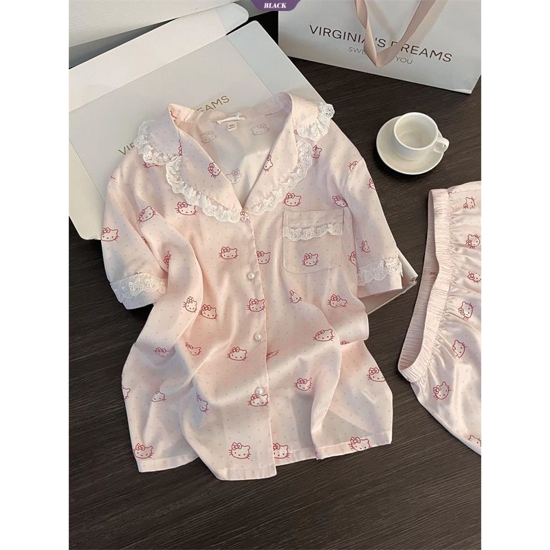 Sweet Lace Polka Dot Kitty Bộ Đồ Ngủ Nữ Mùa Hè Mới Quần Short Tay Ngắn Phần Mỏng Của Bộ Đồ Quần Áo Gia Đình [BL]