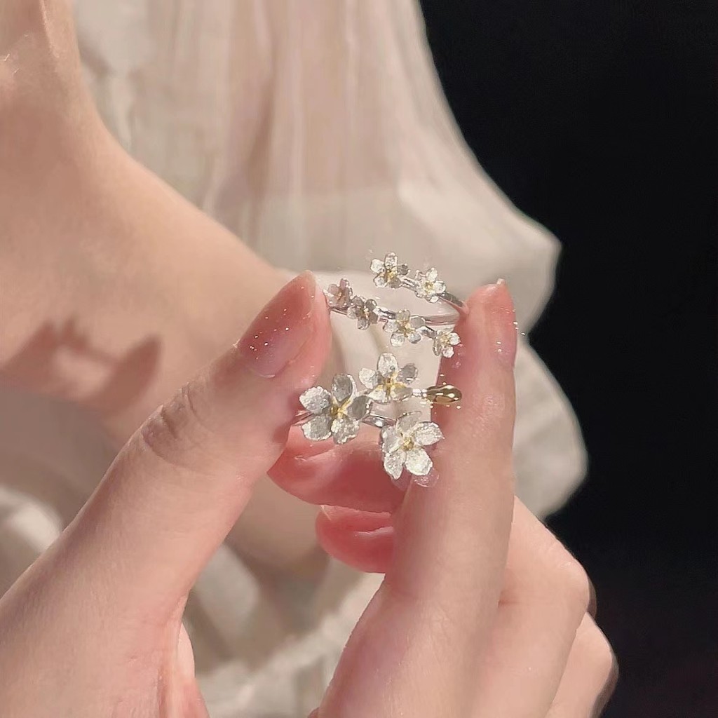 Nhẫn hoa 3D phong cách rừng cho phụ nữ, hoa Iris bạc, thiết kế vintage thanh lịch đa năng, nhẫn mở cao cấp