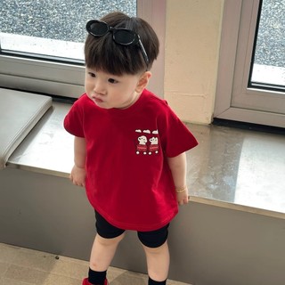 Áo thun ngắn tay mùa hè mới cho trẻ em, phong cách Hàn Quốc, cho bé trai và bé gái, in hình hoạt hình, áo đỏ rộng rãi thoải mái