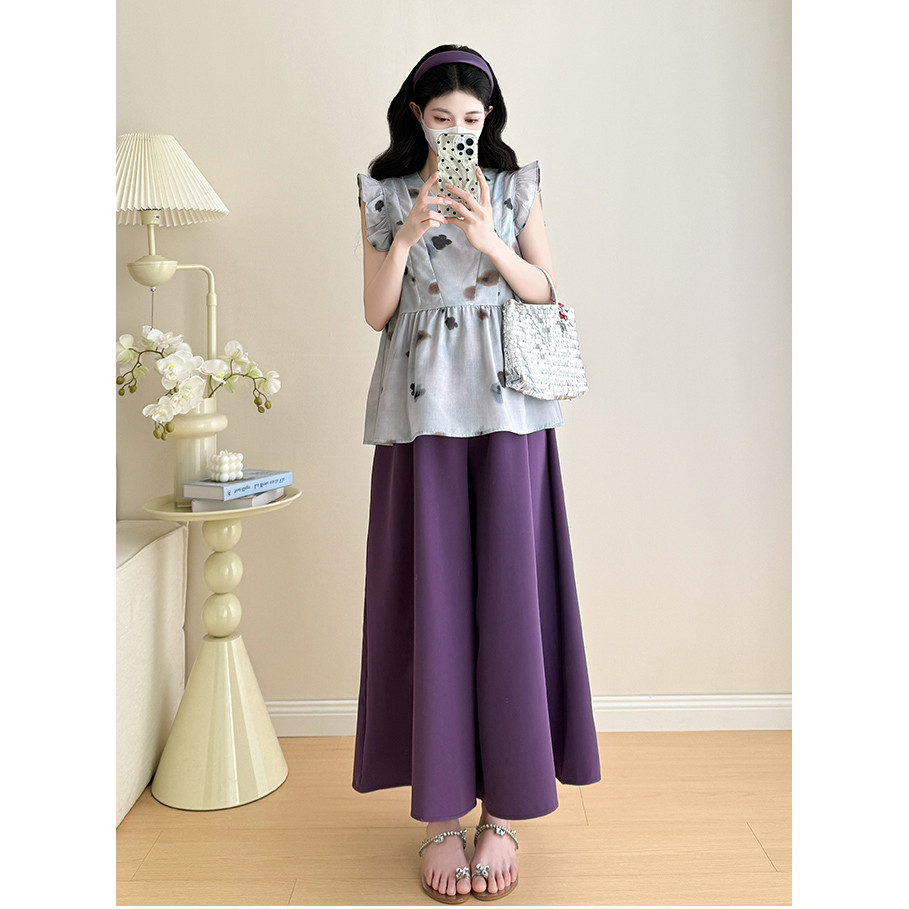 Bộ đồ bà bầu mùa hè dáng rộng phong cách Hàn Quốc gồm áo tay bay và váy ống rộng dây rút