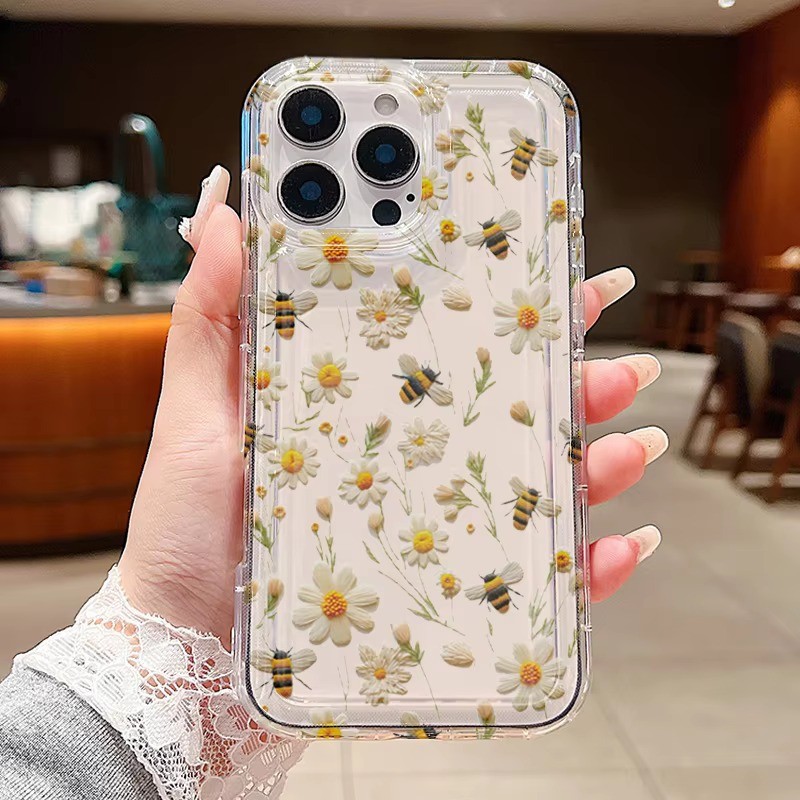Dành Cho iPhone 11 16 15 Pro Max 16e 14 11 12 13 15 Pro XR XS Max X 7 8 Plus SE2022 Dễ Thương Ong Mật Hoa Trong Suốt Silicon Mềm Chống Sốc