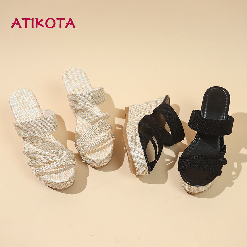Atikota Nữ Dệt Nêm Sandal Tăng Chiều Cao Thoải Mái Mũi Tròn Thời Trang Dép