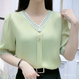 Áo blouse cho phụ nữ, áo chiffon chính thức, áo blouse cỡ lớn cho phụ nữ, phong cách Hàn Quốc, thời trang thoải mái, áo sơ mi tay ngắn cổ V