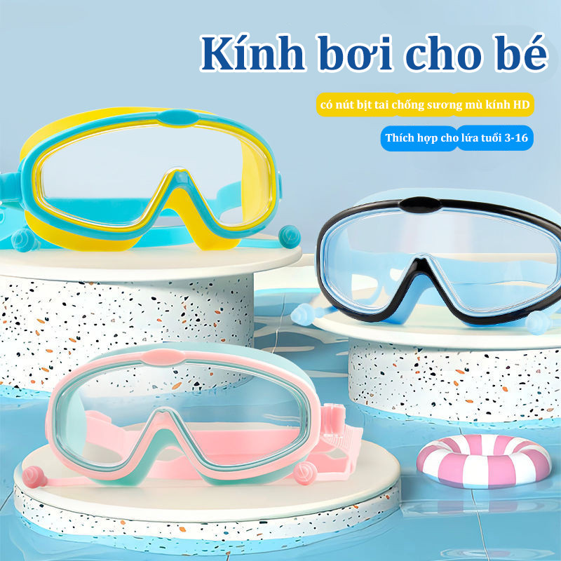 Kính Bơi Trẻ Em Người Lớn Gọng Lớn Kèm Bịt Tai Chống Sương Mù Không Thấm Nước Độ Nét Cao, bé trai gái từ 3-16 tuổi