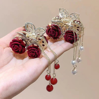 Phong Cách Trung Hoa Mới Tính Khí Thanh Lịch Phong Cách Mới Hoa Hồng Đỏ Anh Đào Tua Rua Đuôi Ngựa Kẹp Nhỏ Lấy Kẹp