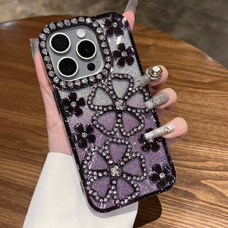 Ốp điện thoại hoa mận nhỏ viền kim cương lấp lánh sang trọng phù hợp cho 16 15 14 13 12 11 Pro Max chống sốc bảo vệ camera chống rơi mặt sau mềm