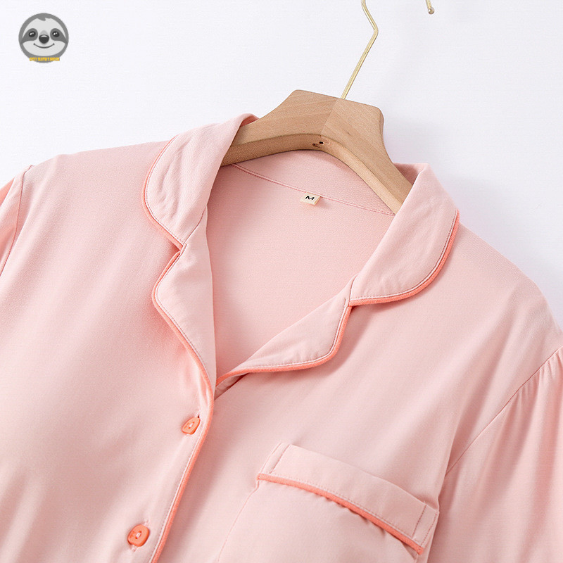 Phong cách Nhật Bản và Muji - Bộ đồ ngủ nữ mùa hè từ sợi tre, màu trơn, cảm giác mát mẻ với quần short và áo ngắn tay có miếng đệm ngực