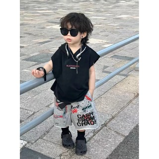 Bộ áo vest có mũ cho trẻ em mùa hè mới, phong cách Hàn Quốc, quần short không tay in chữ hoạt hình cho bé trai, bộ hai mảnh rộng rãi