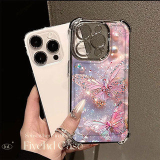 Vỏ mạ sang trọng hình bướm pha lê màu hồng Ins Hàn Quốc cho IPhone 16 11 12 13 14 15 16E Pro Xs Max X Xr 7 8 Plus SE Vỏ điện thoại TPU mềm Vỏ bảo vệ chống rơi Vỏ chống sốc