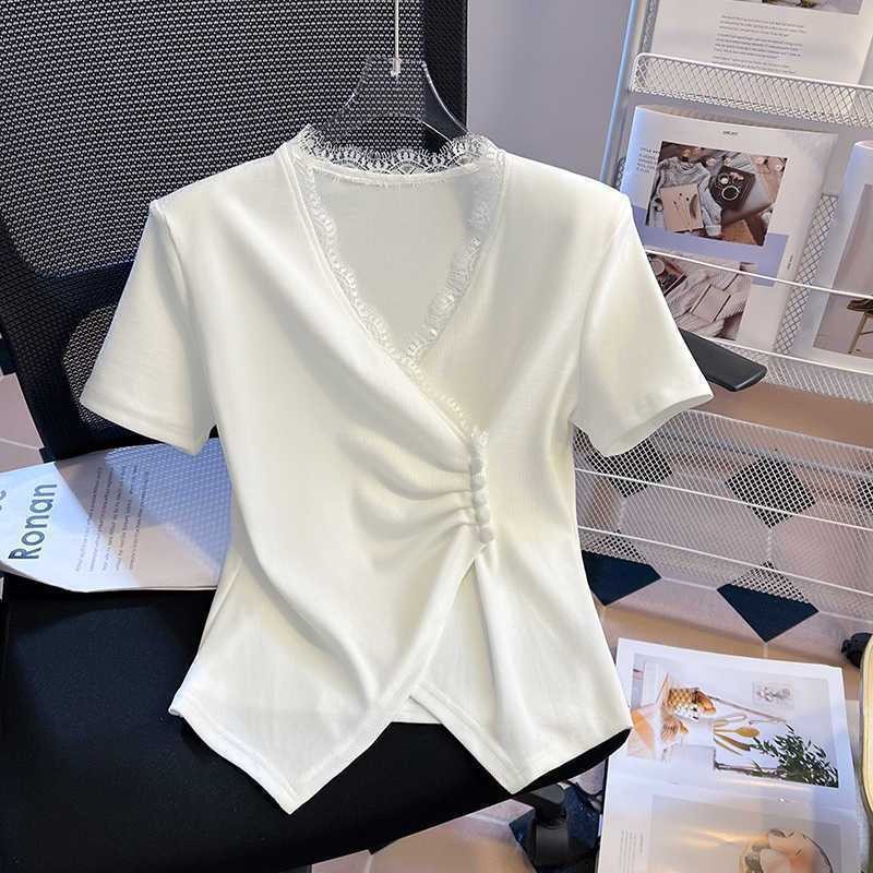 Áo thun nữ mùa hè 2025 ren mới cổ chữ V giảm béo eo cinching thời trang dáng rộng sang trọng giản dị hàng đầu
