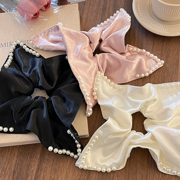 Dây buộc tóc vuông satin ngọc trai kiểu Pháp, khăn vuông oversized, dây buộc tóc thanh lịch cho đuôi ngựa thấp, phụ kiện tóc YBDJ