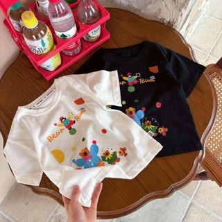 Áo thun ngắn tay hình gấu hoạt hình cho trẻ em mùa hè mới, cotton nguyên chất, dễ thương, trang phục cho bé trai và bé gái