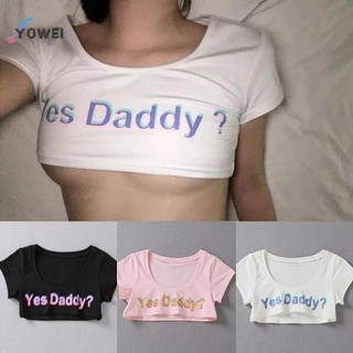 YOWEI Nữ In Chữ Tay Ngắn Yes Daddy Tay Ngắn Crop Running Áo VN