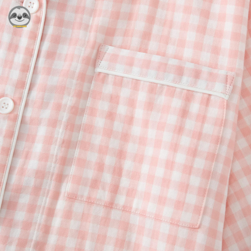 Phong cách Nhật Bản Muji Style / Bộ đồ ngủ kẻ sọc sợi hai lớp bằng vải Cotton Bộ ba mảnh / Có thể mặc quần Short ngắn tay bằng vải Cotton bên ngoài