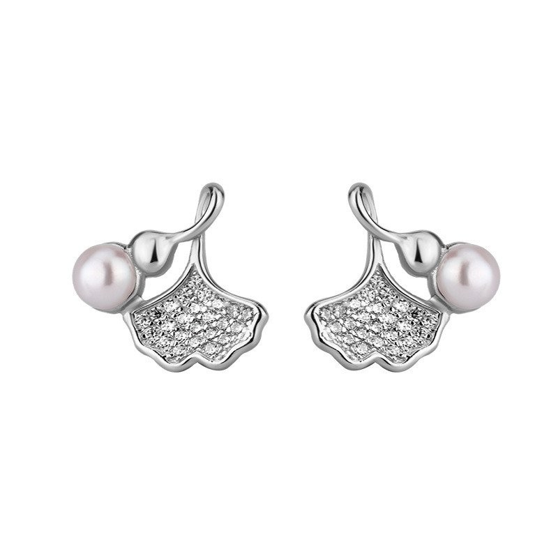 SHIAI Bông tai ngọc trai nước ngọt tự nhiên S925 bạc nguyên chất mới, khảm lá bạch quả, phong cách thời trang mini cao cấp thanh lịch