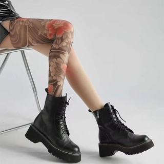 Quần tất nylon nữ với họa tiết hoa mẫu đơn và hình xăm giả, thiết kế legging lưới thời trang