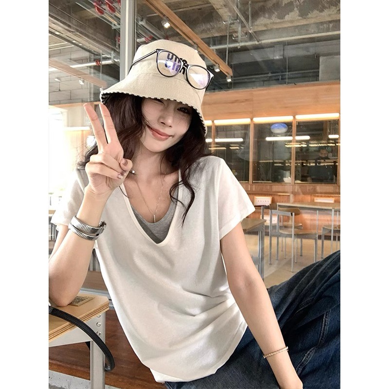 SUXI Áo thun ngắn tay màu trơn đơn giản dành cho nữ mùa hè mới 250605