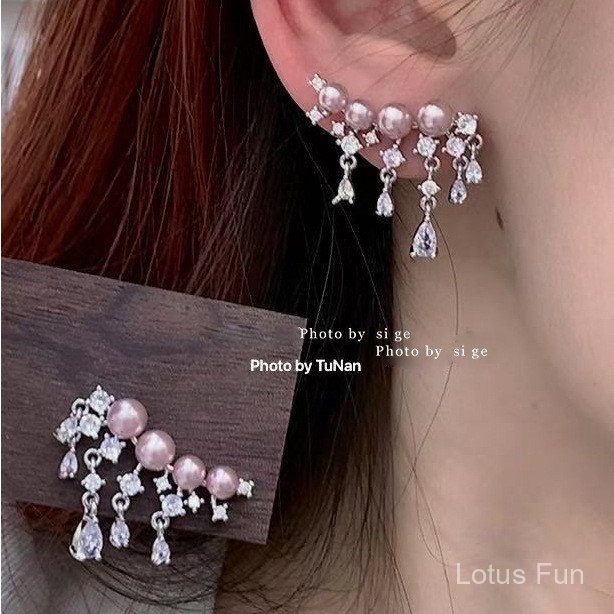 Bông tai tua rua nhỏ ngọc trai zircon Pháp thanh lịch, sang trọng nhẹ nhàng, cao cấp, tươi mới, ngọt ngào, tính cách xã hội