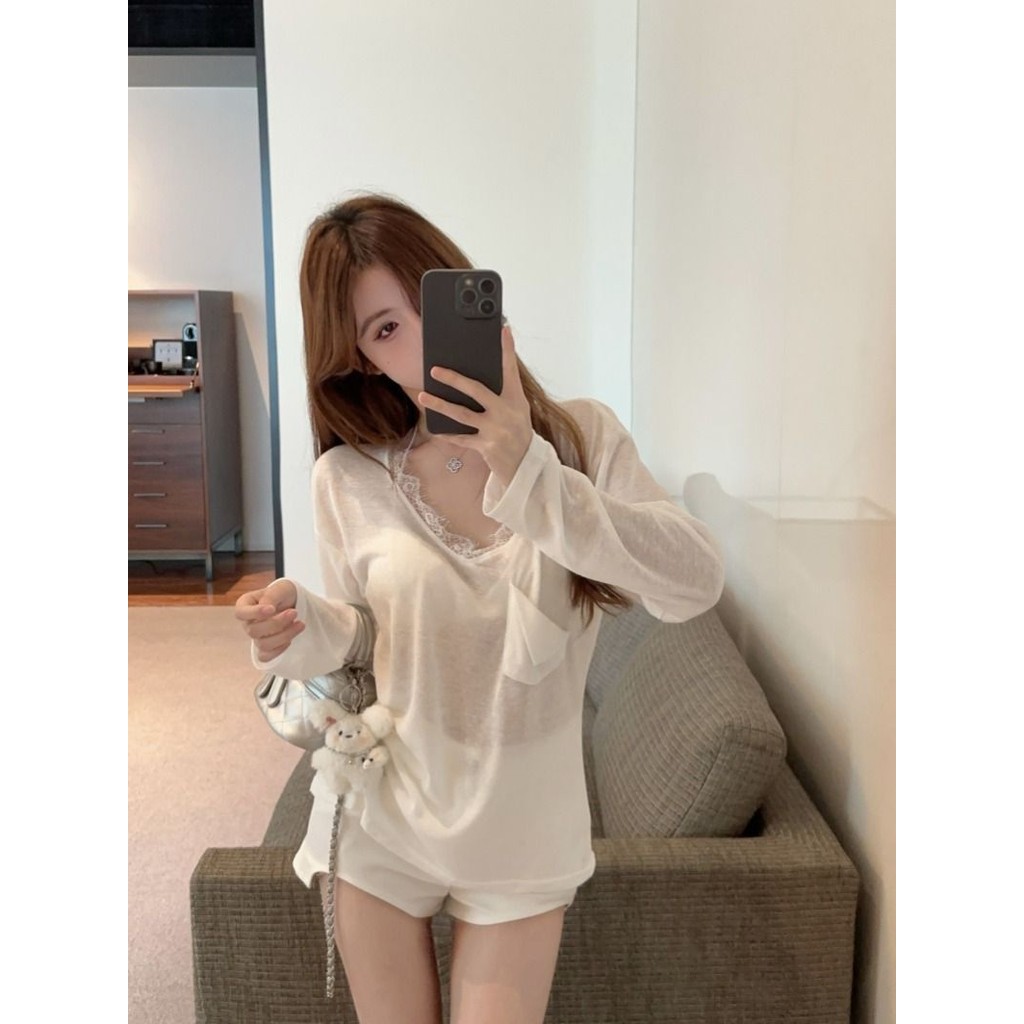 Áo mỏng bảo vệ nắng tay dài mùa hè Milyfashion, ren trắng, thiết kế chắp vá, thời trang nữ