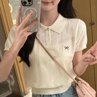 Áo thun ngắn tay thêu kiểu polo bằng lụa lạnh mùa hè cho phụ nữ