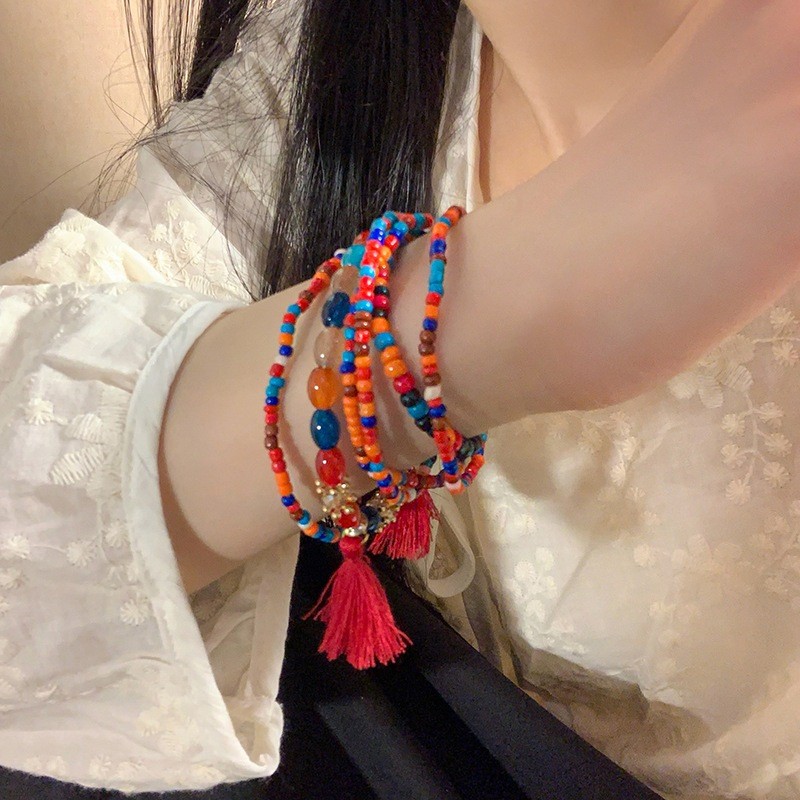 Vòng tay bohemian hạt kê đính cườm, phong cách retro nhẹ nhàng, phù hợp mùa hè