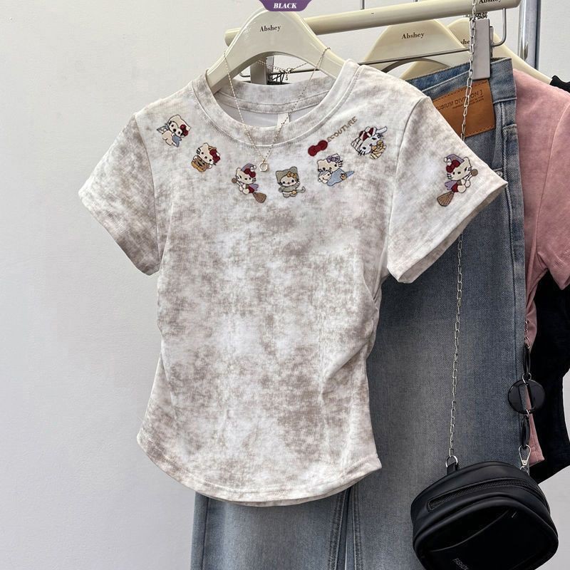 Phim hoạt hình HelloKitty Áo thun ngắn xếp li nữ mùa hè Tie-dye Hồng Phong cách đại học Áo ngắn tay mỏng [BL]