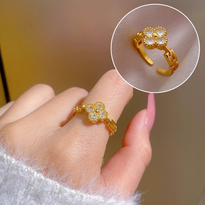 Nhẫn cỏ ba lá Zircon sành điệu dành cho nữ có khả năng mở có thể điều chỉnh