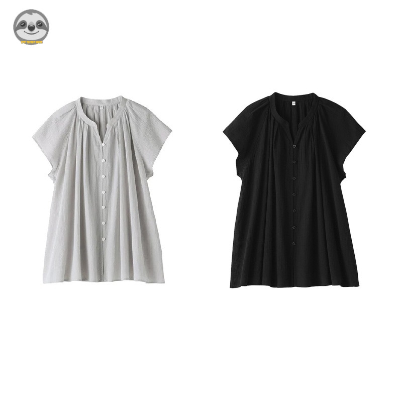Phong cách Nhật Bản Phong cách Muji / Áo Cotton nữ xoắn chắc chắn kiểu Pháp / dáng rộng mỏng hơn trông văn học tay ngắn