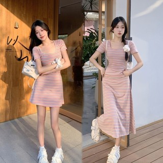 Váy Liền Sọc Cầu Vồng Xếp Ly Váy Dài Chữ A Khí Chất Bó Eo Tay Ngắn Tôn Dáng Mùa Hè Thời Trang