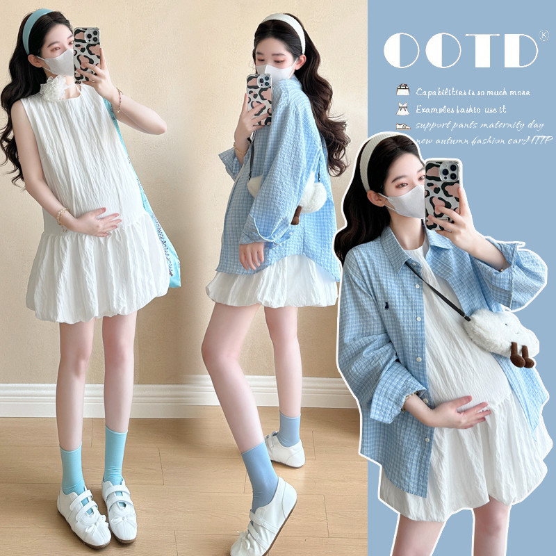 Bộ đồ bà bầu Váy Vest dáng rộng thời trang mùa hè + Áo sơ mi thêu kẻ sọc