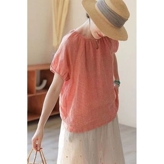 Vải Lanh Ice Silk Tay Ngắn Siêu Rời Hàng Ngày Đơn Giản Màu Cam Hồng Top Nữ Mùa Hè Phong Cách Mới Cổ Tròn Lười Áo Sơ Mi Cao Cấp