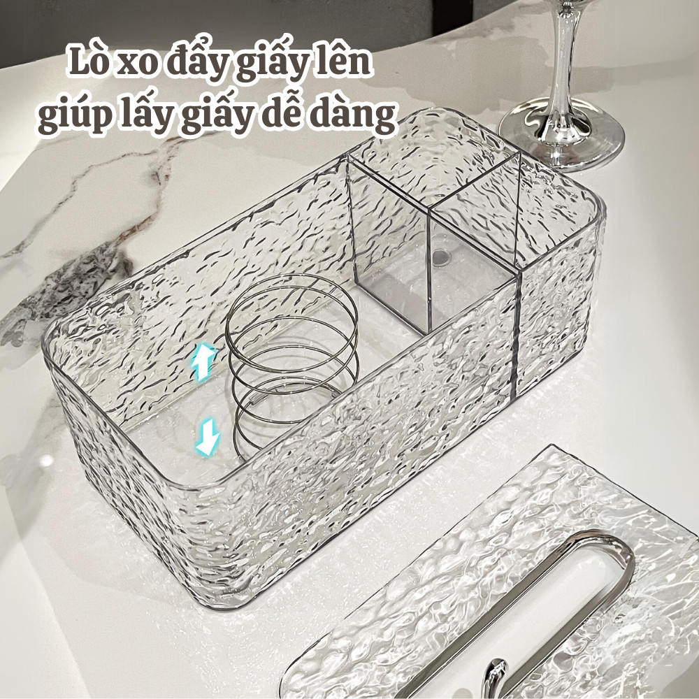 Hộp đựng khăn giấy vân kim cương trong suốt DINOHOME có khay đựng đồ để bàn họa tiết thỏ sang trọng