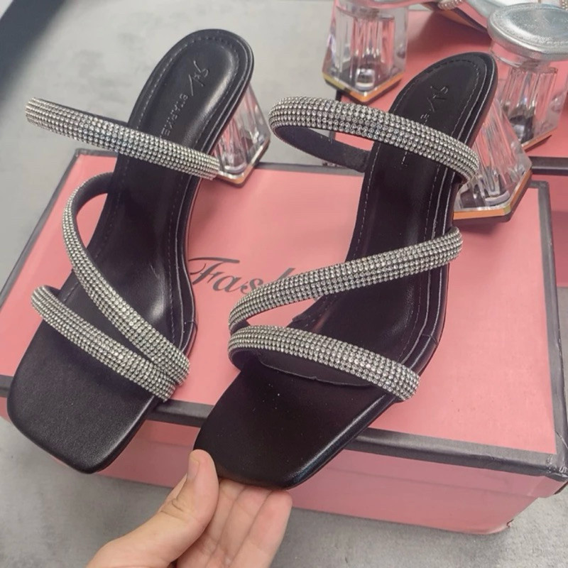 Dép Sandal Cao Gót Quai Dây Đá, Guốc Cao Gót Đế Vuông Trong Suốt  7cm - Cin Shoes