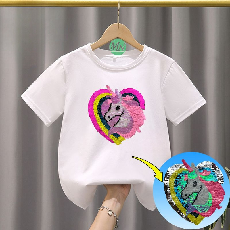 2025 Kỳ Lân Trái Tim Lật Sequin Áo Thun Cho Trẻ Em Bé Trai Bé Gái Hoạt Hình Mùa Hè Giả Tưởng Tee Top