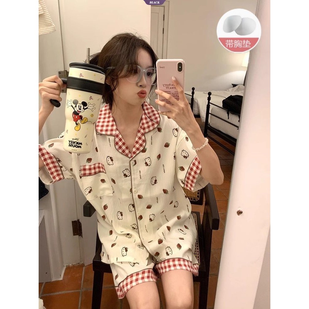 Sweet Ins Strawberry KT Bộ Đồ Ngủ Nữ Mùa Hè Có Miếng Lót Áo Ngực Quần Short Tay Ngắn Hoạt Hình Homewear Set [BL]