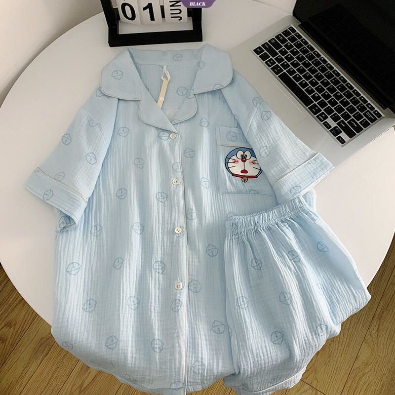 Quần Short ngắn tay mèo Tinkerbell màu xanh ngọt ngào và đáng yêu mới Bộ đồ ngủ thông thường dành cho nữ Bộ quần áo tại nhà mùa hè [BL]