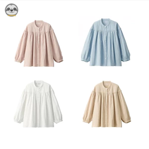 Phong cách Nhật Bản Muji Style / Áo kiểu dây rút dài tay bằng sợi hai lớp dành cho nữ / dáng rộng mỏng hơn trông ngắn hơn