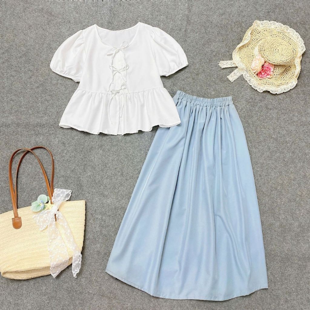 Set Đồ Bigsize Nữ 2 Món Dễ Thương – Áo Sơ Mi Babydoll Tay Bồng Mix Chân Váy Dài  Che Bụng A191-CV15