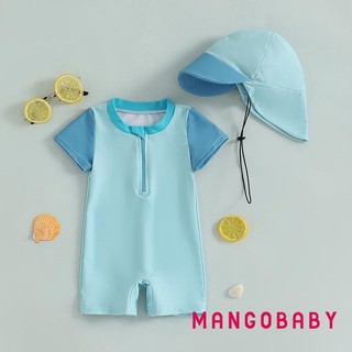 MG-Baby Boy Rash Guard Đồ bơi Bộ đồ tắm dài tay có khóa kéo màu tương phản dễ thương có mũ