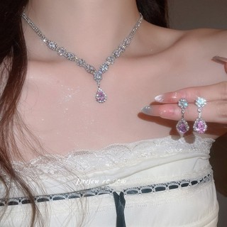 DREJEW Zircon Giọt Nước Mặt Dây Chuyền Vòng Cổ Bông Tai Bộ Ánh Sáng Sang Trọng Cao Cấp Retro