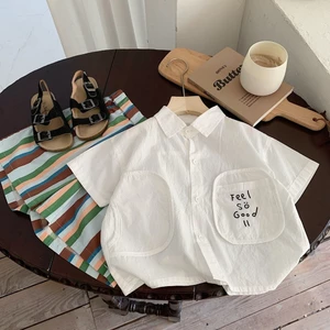 Áo sơ mi ngắn tay cotton mùa hè cho bé trai, áo polo mỏng thời trang cho trẻ nhỏ và bé trai, áo thun trắng